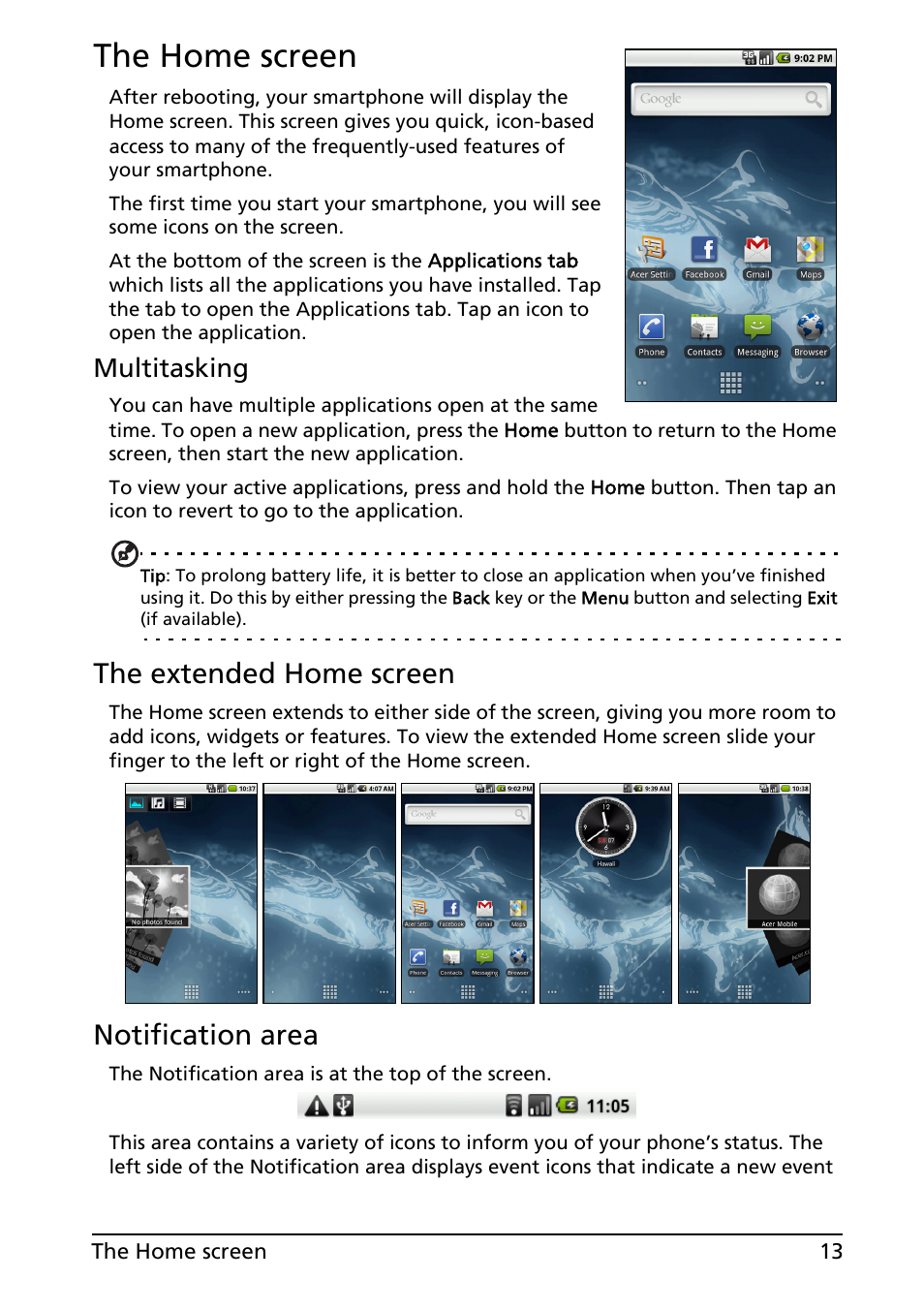 The home screen, The extended home screen, Notification area | Multitasking | Acer Liquid E User Manual | Page 15 / 57