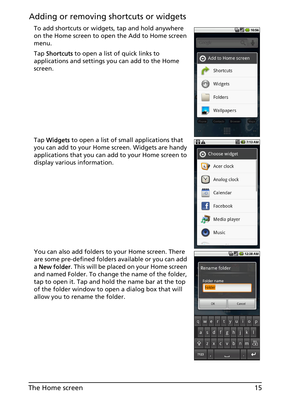 Adding or removing shortcuts or widgets | Acer Liquid E User Manual | Page 17 / 57