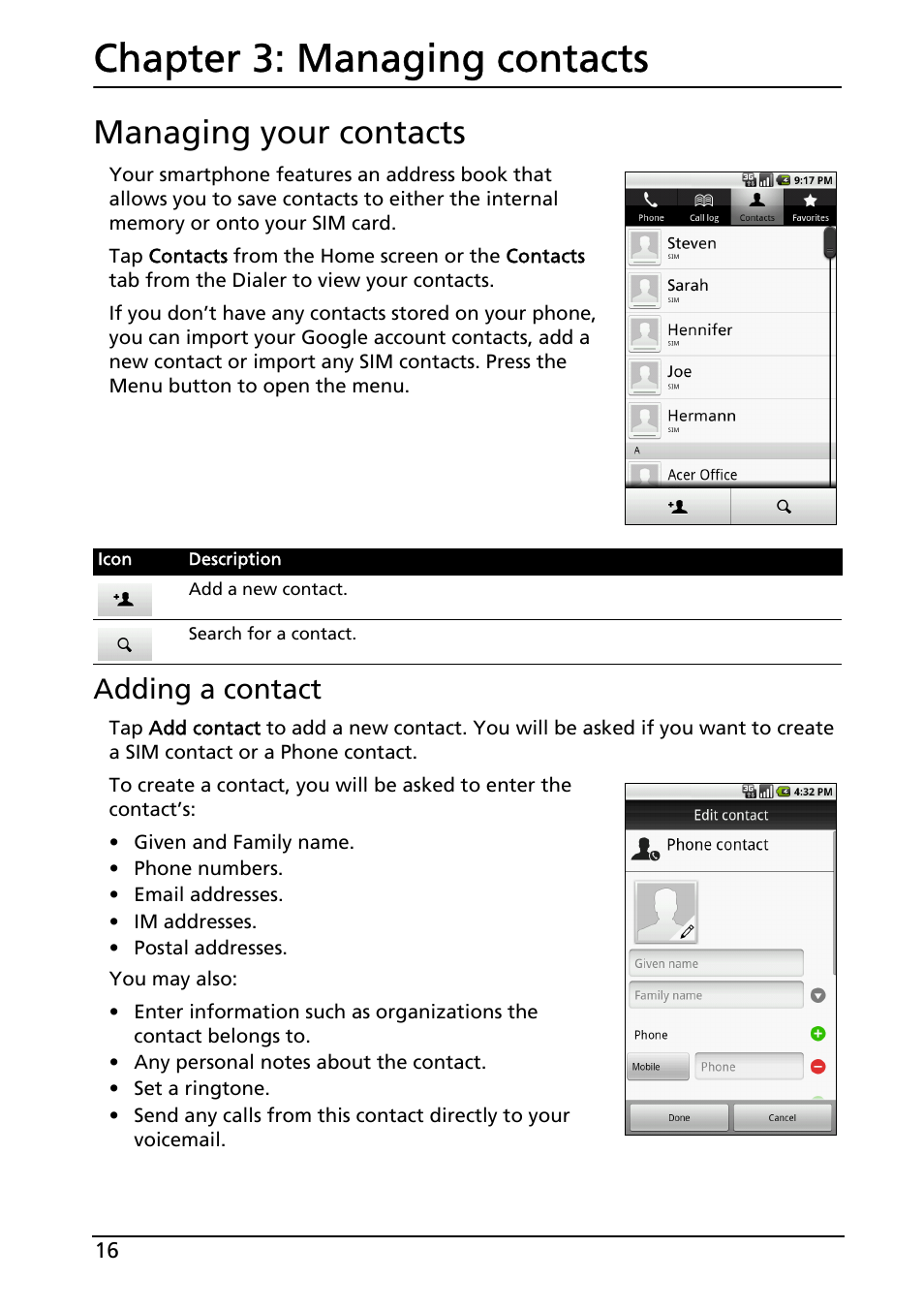 Chapter 3: managing contacts, Managing your contacts, Managing contacts | Adding a contact | Acer Liquid E User Manual | Page 18 / 57