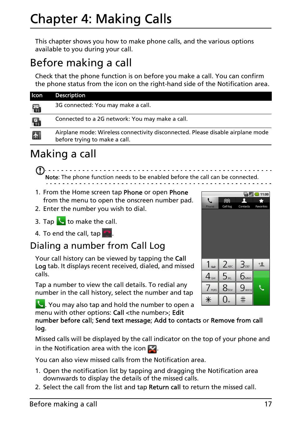 Chapter 4: making calls, Before making a call, Making a call | Making calls, Before making a call making a call, Dialing a number from call log | Acer Liquid E User Manual | Page 19 / 57