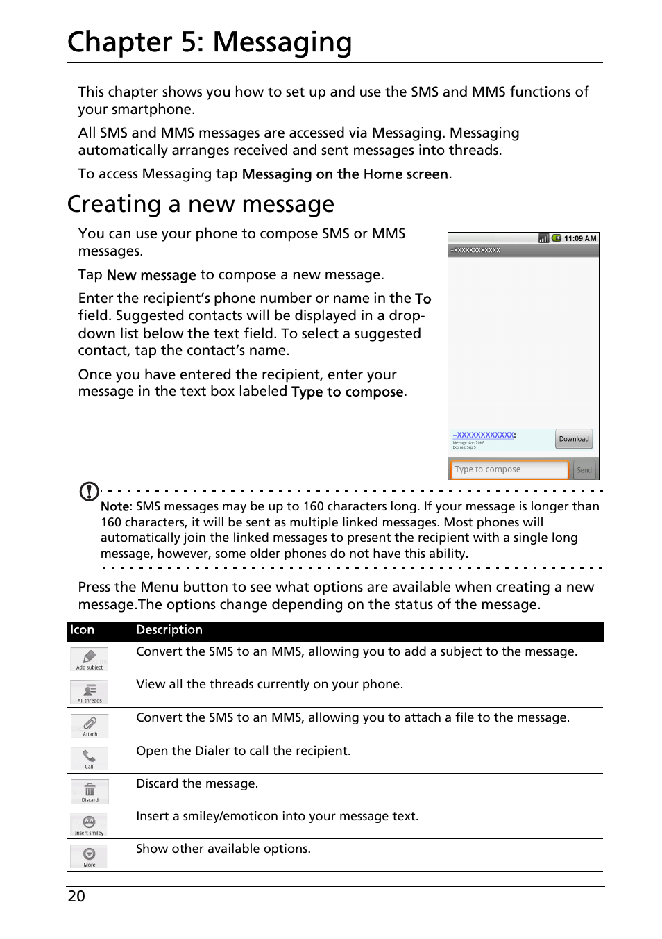 Chapter 5: messaging, Creating a new message, Messaging | Acer Liquid E User Manual | Page 22 / 57