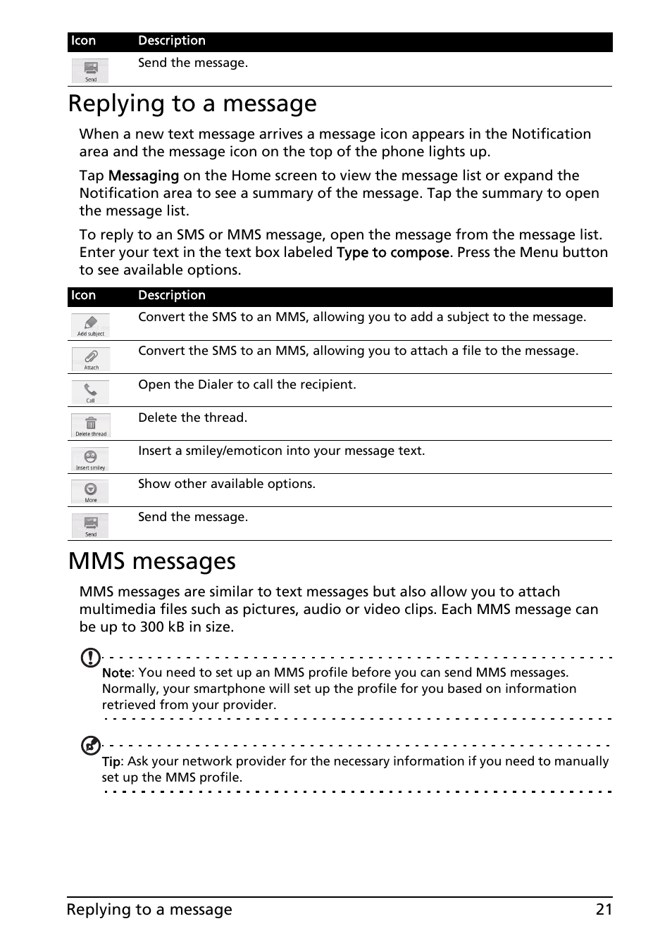 Replying to a message, Mms messages, Replying to a message mms messages | Acer Liquid E User Manual | Page 23 / 57