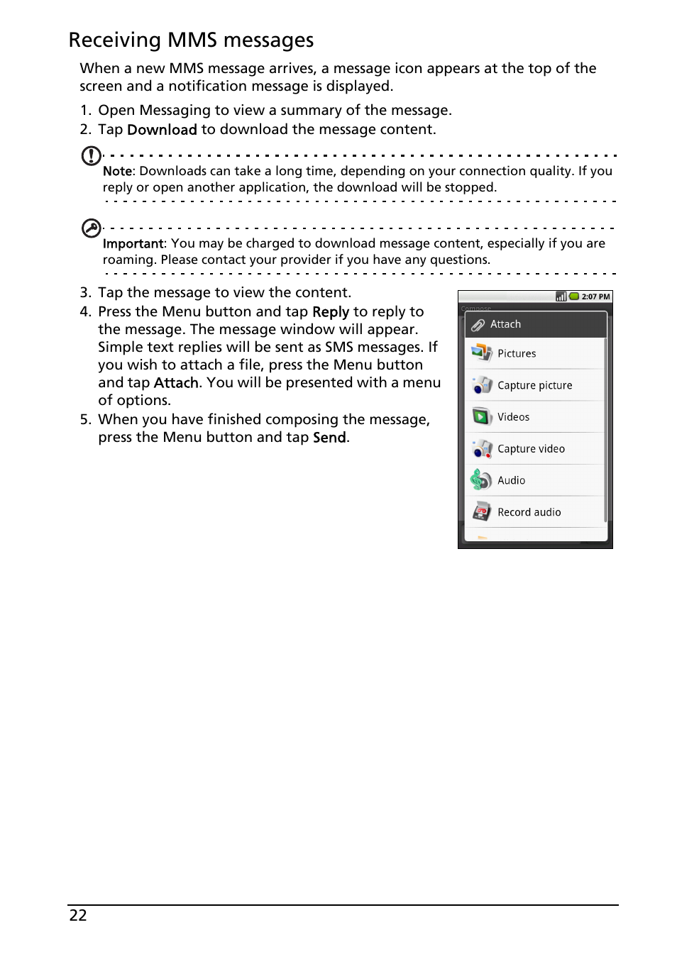 Receiving mms messages | Acer Liquid E User Manual | Page 24 / 57