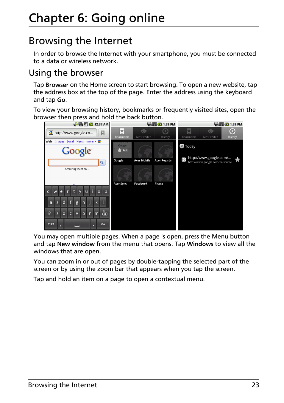 Chapter 6: going online, Browsing the internet, Going online | Acer Liquid E User Manual | Page 25 / 57