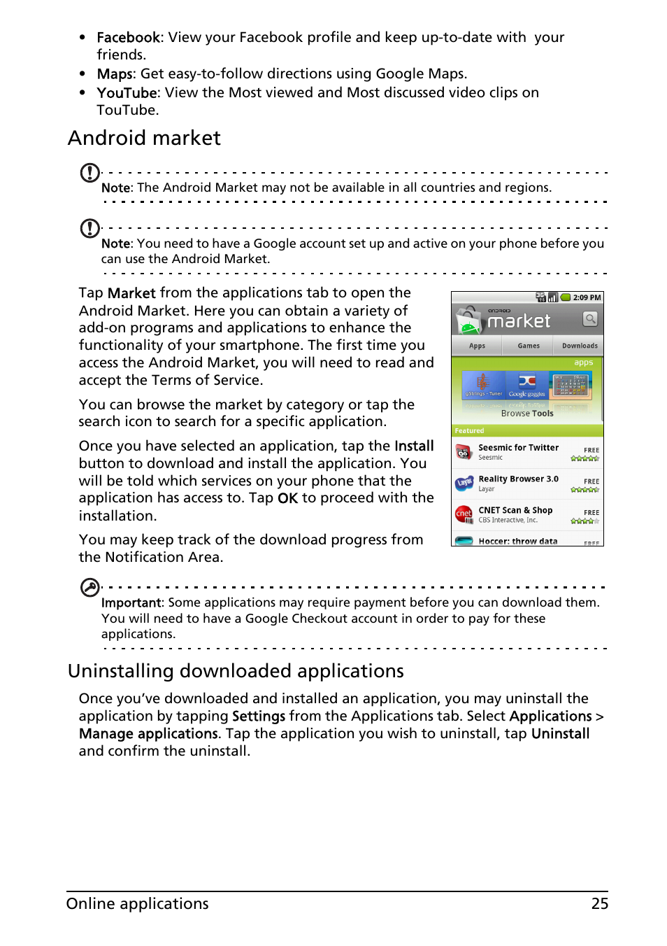 Android market, Uninstalling downloaded applications | Acer Liquid E User Manual | Page 27 / 57