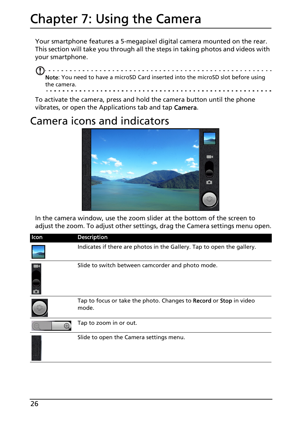 Chapter 7: using the camera, Camera icons and indicators, Using the camera | Acer Liquid E User Manual | Page 28 / 57