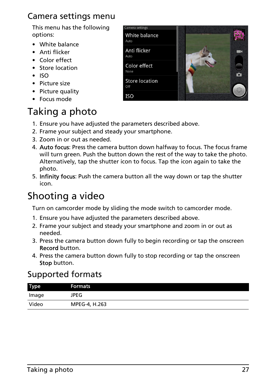 Taking a photo, Shooting a video, Camera settings menu | Supported formats | Acer Liquid E User Manual | Page 29 / 57