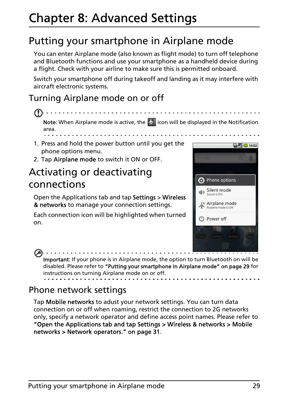 Chapter 8: advanced settings, Putting your smartphone in airplane mode, Activating or deactivating connections | Advanced settings, Turning airplane mode on or off, Phone network settings | Acer Liquid E User Manual | Page 31 / 57