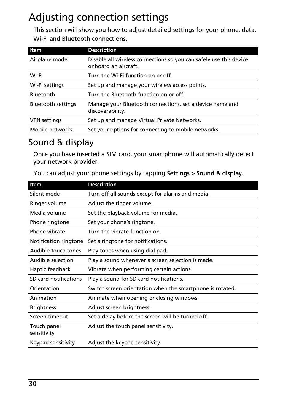 Adjusting connection settings, Sound & display | Acer Liquid E User Manual | Page 32 / 57