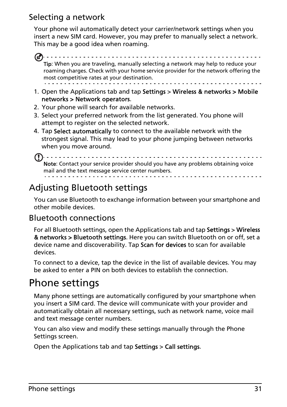 Phone settings, Adjusting bluetooth settings, Selecting a network | Bluetooth connections | Acer Liquid E User Manual | Page 33 / 57