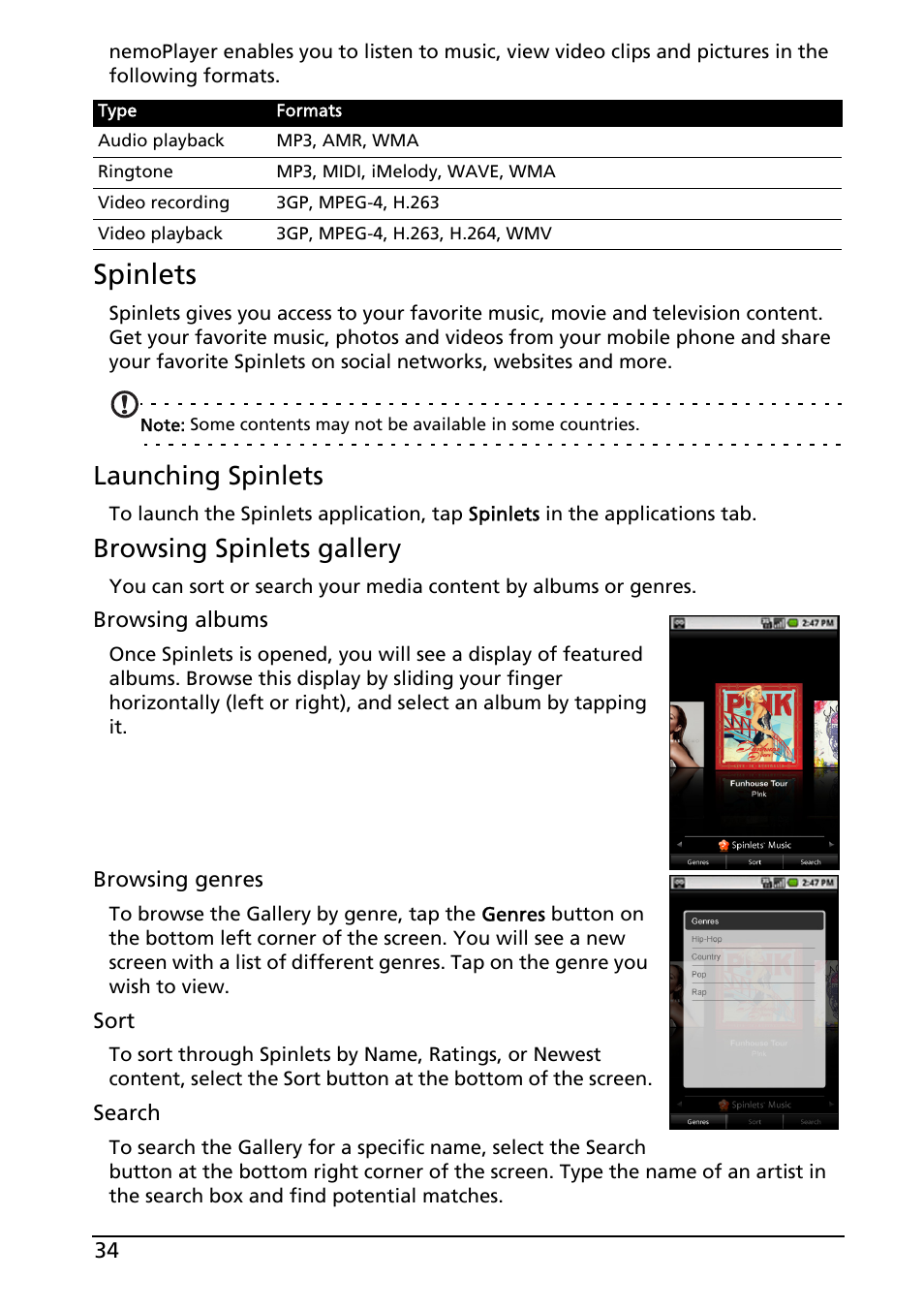 Spinlets, Launching spinlets, Browsing spinlets gallery | Acer Liquid E User Manual | Page 36 / 57