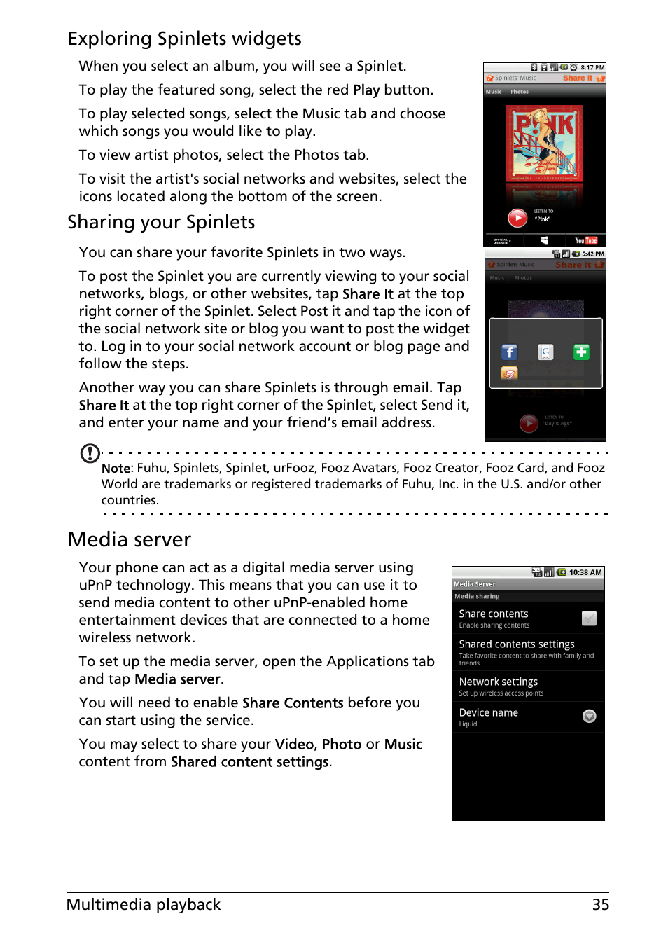 Media server, Exploring spinlets widgets, Sharing your spinlets | Acer Liquid E User Manual | Page 37 / 57