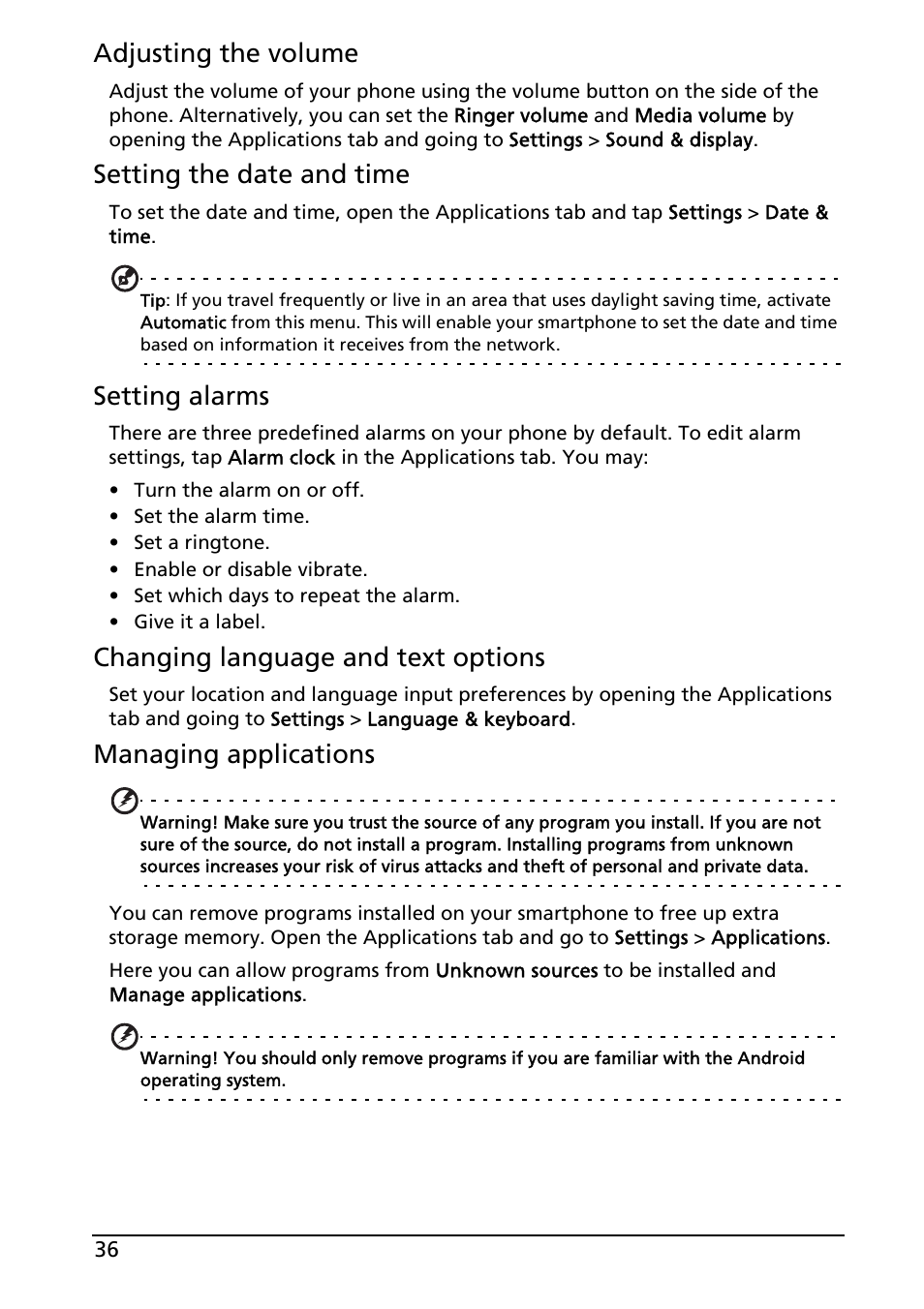 Adjusting the volume, Setting the date and time, Setting alarms | Changing language and text options, Managing applications | Acer Liquid E User Manual | Page 38 / 57