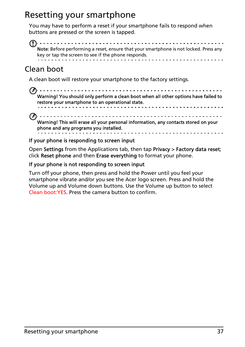 Resetting your smartphone, Clean boot | Acer Liquid E User Manual | Page 39 / 57