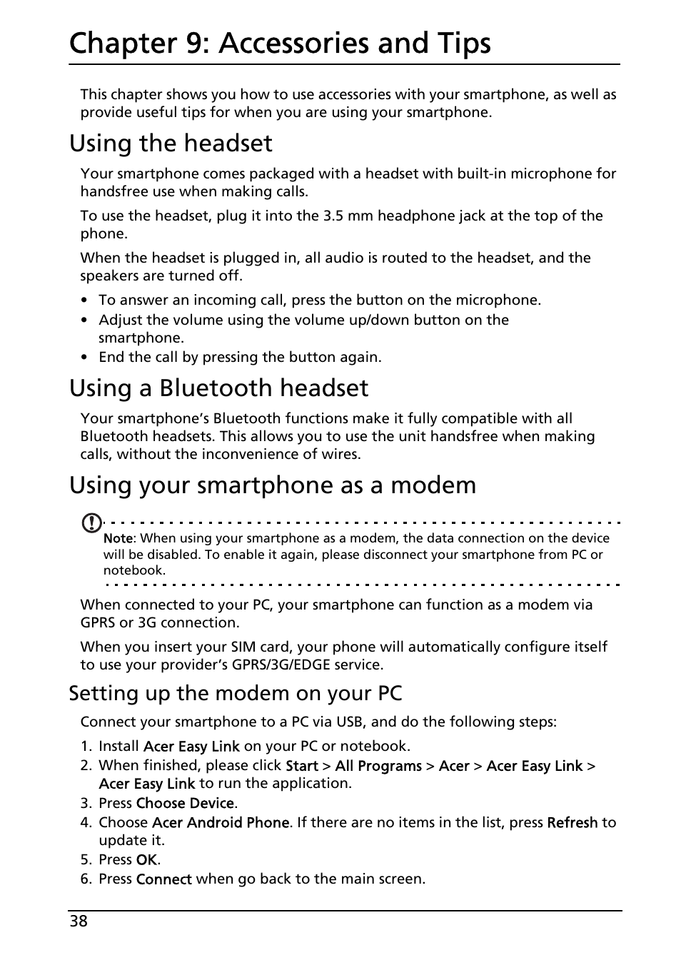 Chapter 9: accessories and tips, Using the headset, Using a bluetooth headset | Using your smartphone as a modem, Accessories and tips, Setting up the modem on your pc | Acer Liquid E User Manual | Page 40 / 57