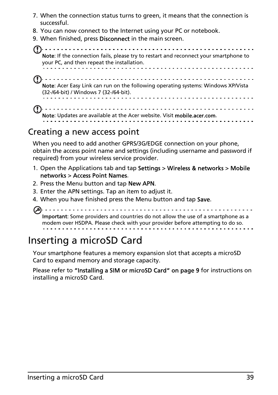 Inserting a microsd card, Creating a new access point | Acer Liquid E User Manual | Page 41 / 57