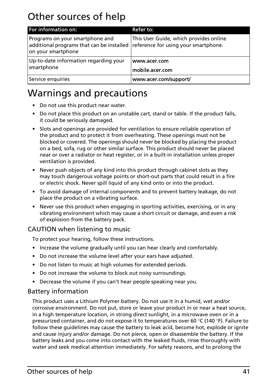 Other sources of help, Warnings and precautions, Other sources of help warnings and precautions | Acer Liquid E User Manual | Page 43 / 57