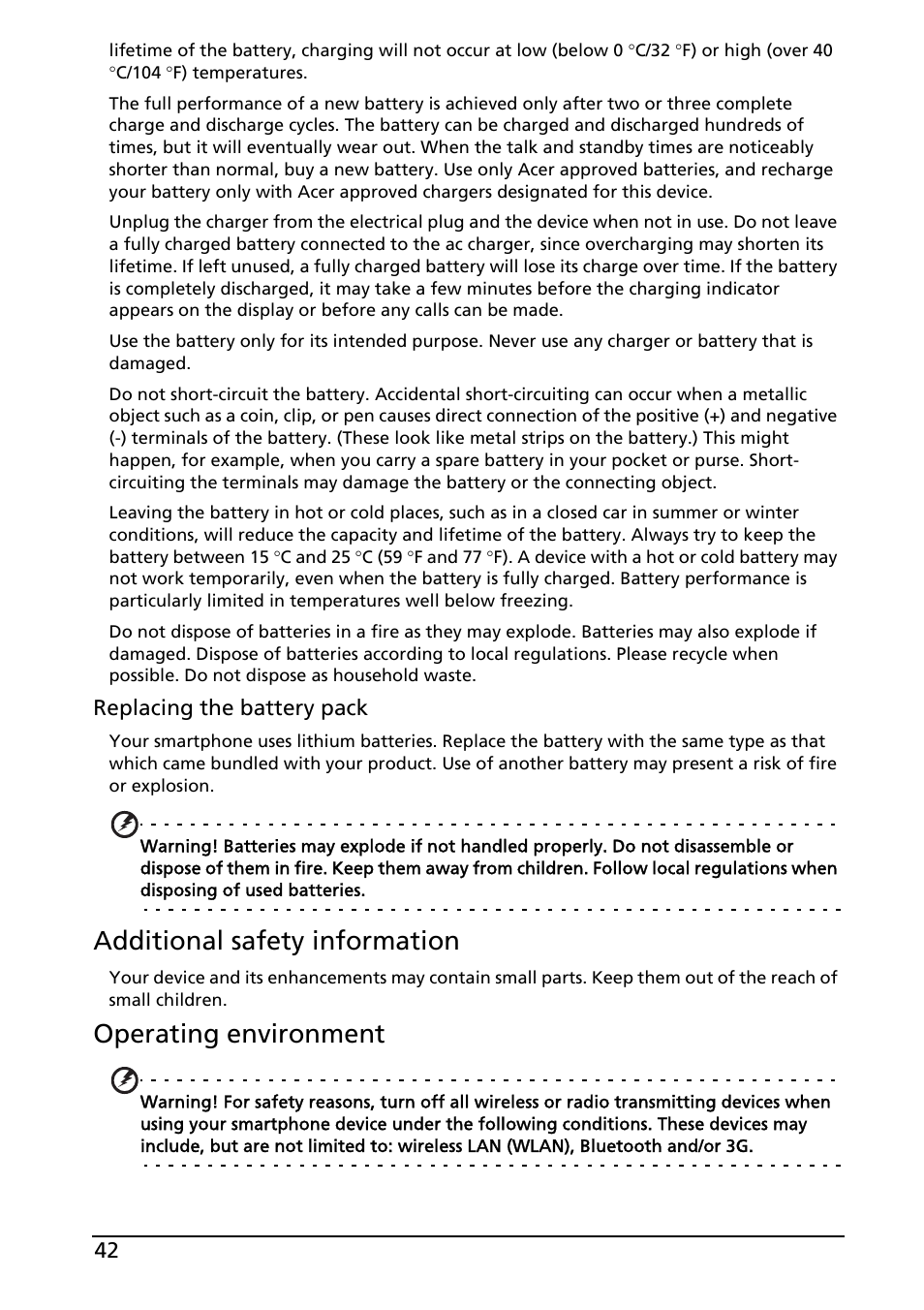 Additional safety information, Operating environment | Acer Liquid E User Manual | Page 44 / 57