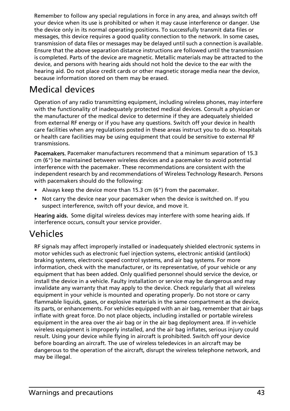 Medical devices, Vehicles | Acer Liquid E User Manual | Page 45 / 57