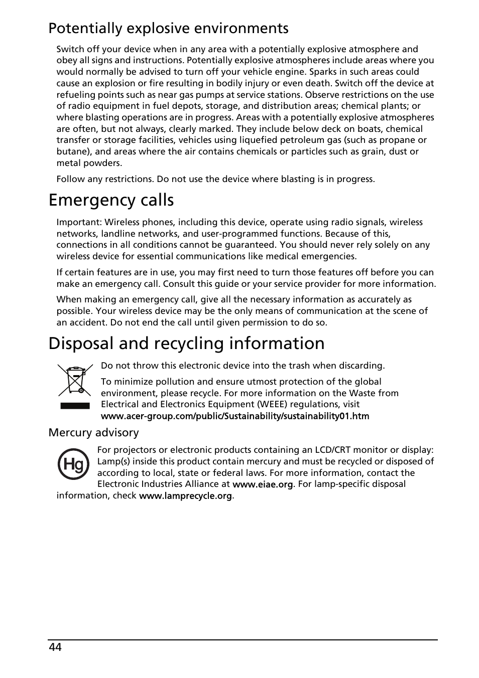 Emergency calls, Disposal and recycling information, Emergency calls disposal and recycling information | Potentially explosive environments | Acer Liquid E User Manual | Page 46 / 57