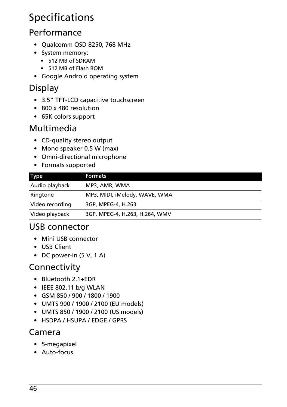 Specifications, Performance, Display | Multimedia, Usb connector, Connectivity, Camera | Acer Liquid E User Manual | Page 48 / 57