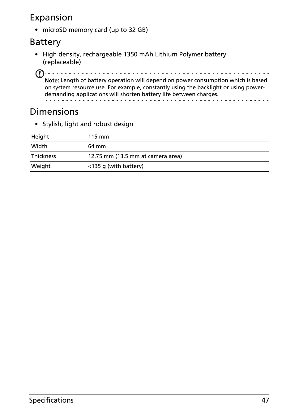 Expansion, Battery, Dimensions | Acer Liquid E User Manual | Page 49 / 57