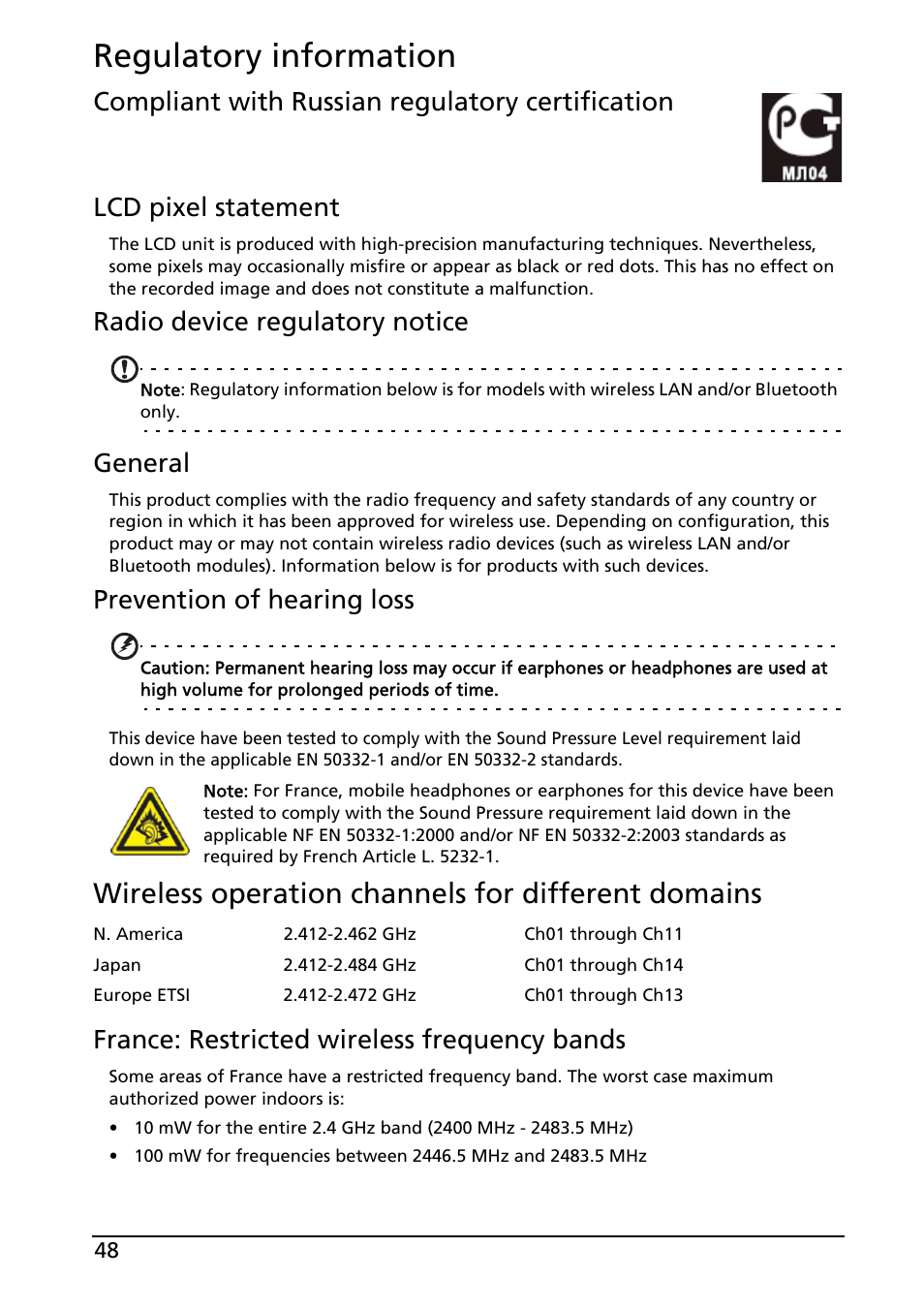 Regulatory information, Wireless operation channels for different domains, Radio device regulatory notice | General, Prevention of hearing loss, France: restricted wireless frequency bands | Acer Liquid E User Manual | Page 50 / 57