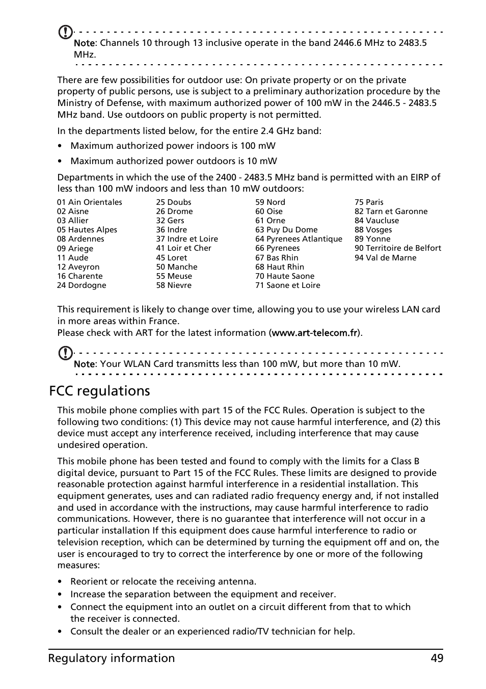 Fcc regulations, 49 regulatory information | Acer Liquid E User Manual | Page 51 / 57