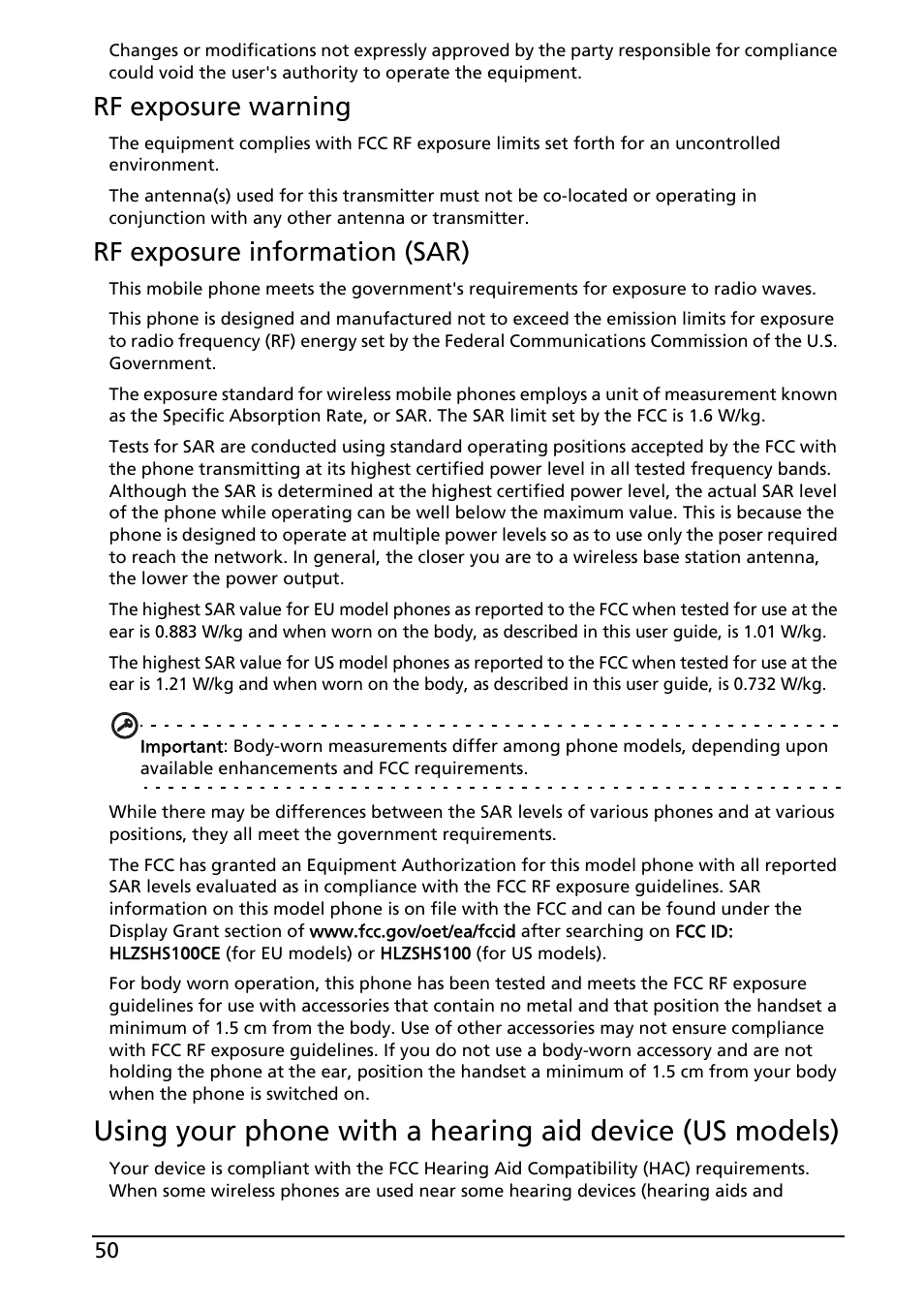 Rf exposure warning, Rf exposure information (sar) | Acer Liquid E User Manual | Page 52 / 57