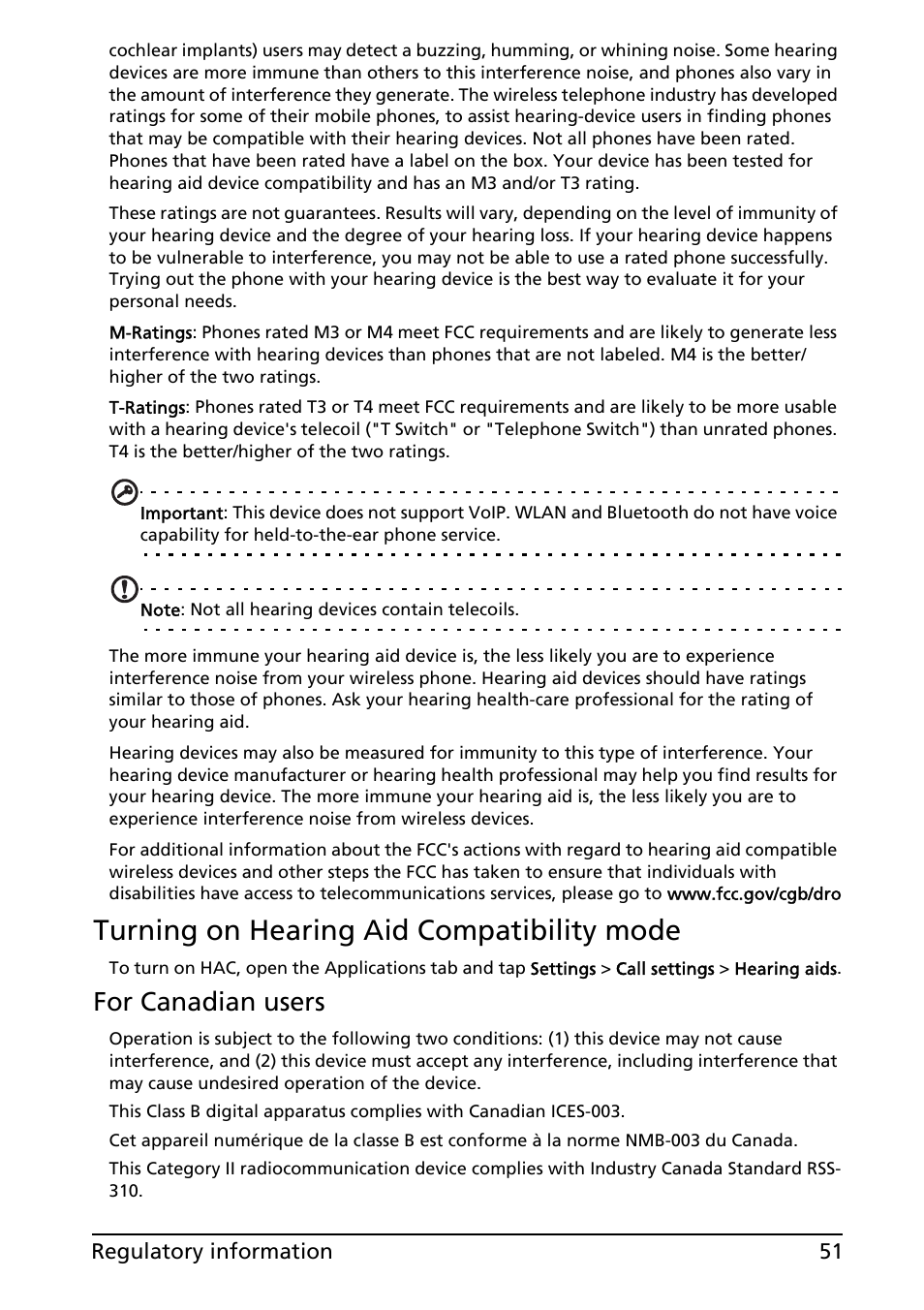 Turning on hearing aid compatibility mode, For canadian users | Acer Liquid E User Manual | Page 53 / 57