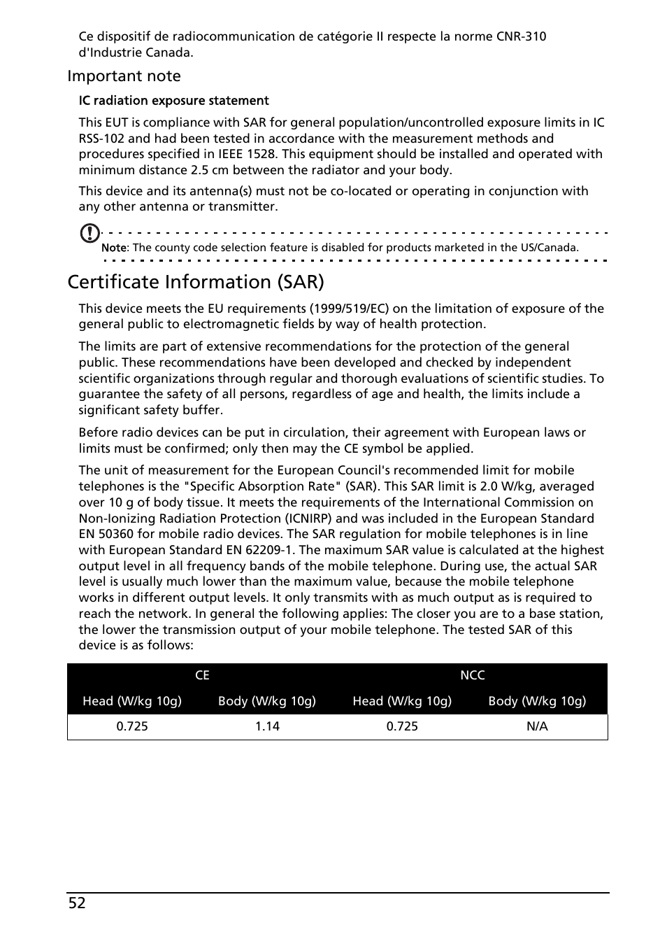 Certificate information (sar) | Acer Liquid E User Manual | Page 54 / 57