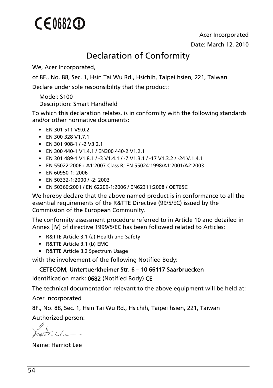 Declaration of conformity | Acer Liquid E User Manual | Page 56 / 57