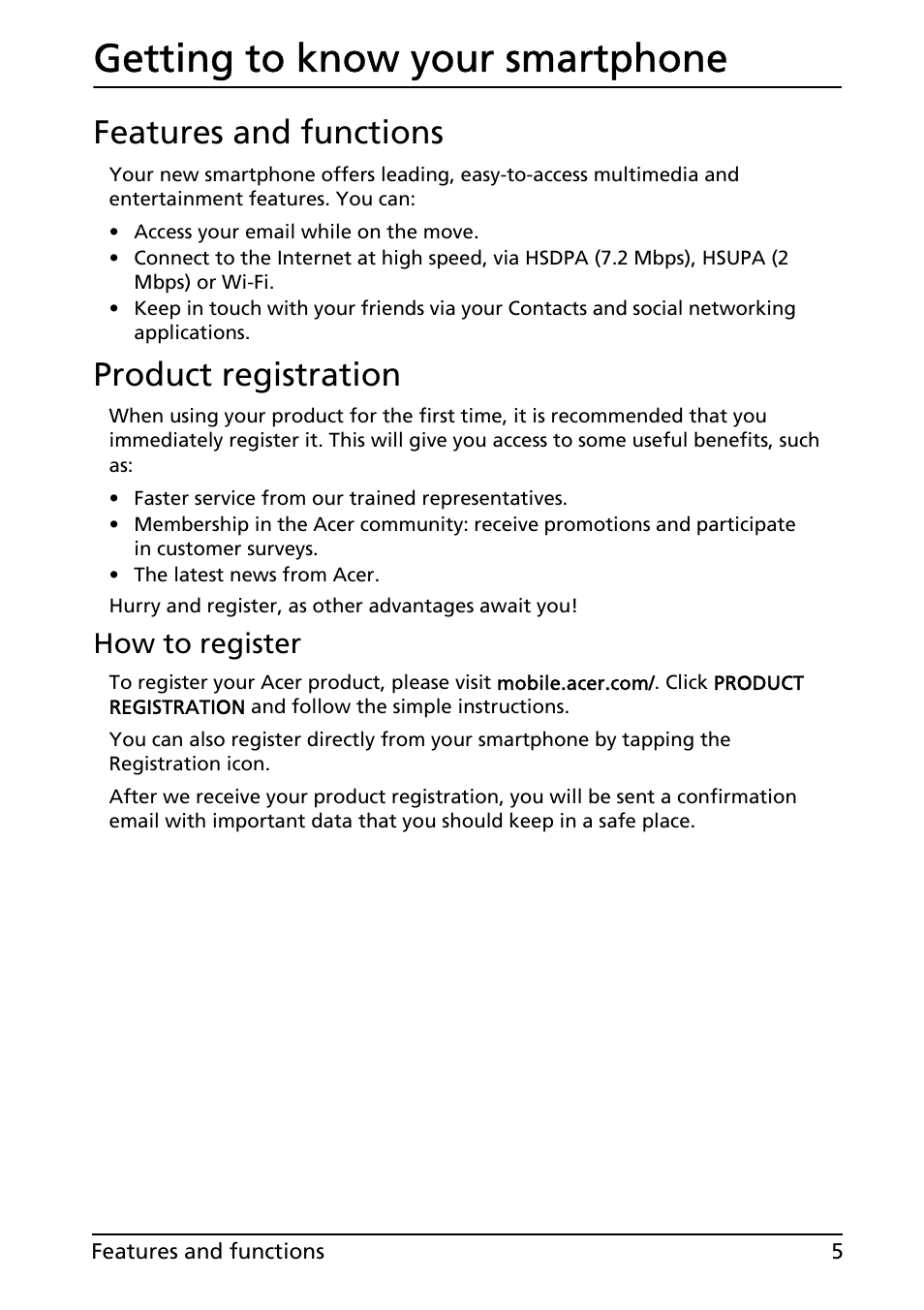 Features and functions, Product registration, Features and functions product registration | Getting to know your smartphone, How to register | Acer Liquid E User Manual | Page 7 / 57