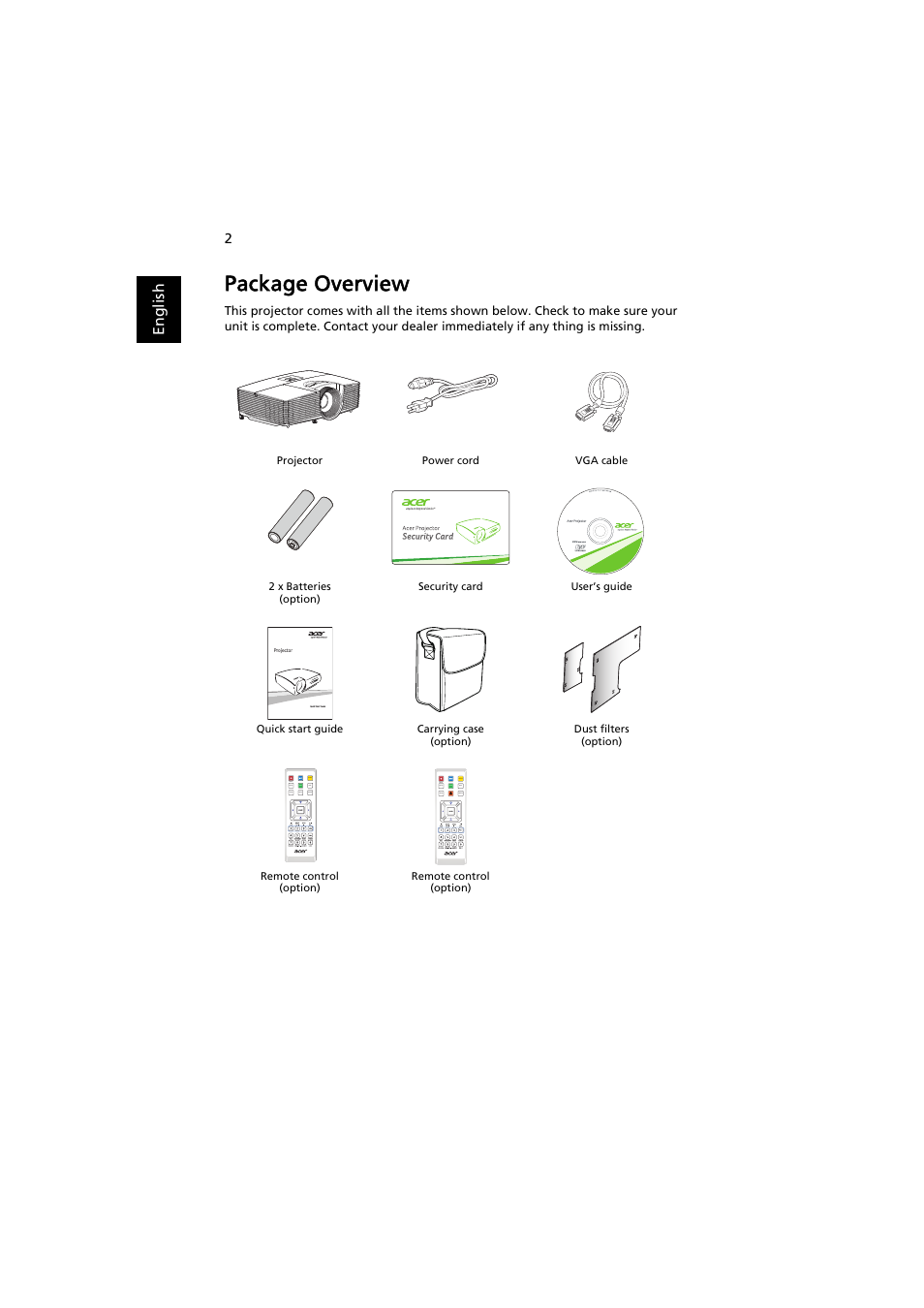 Package overview | Acer X113H User Manual | Page 12 / 70