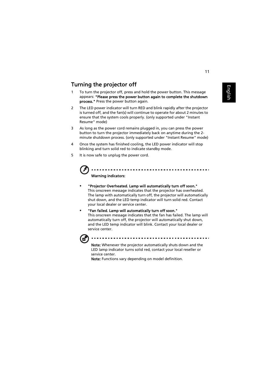 Turning the projector off | Acer X113H User Manual | Page 21 / 70