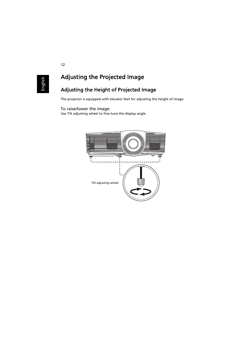 Adjusting the projected image, Adjusting the height of projected image | Acer X113H User Manual | Page 22 / 70