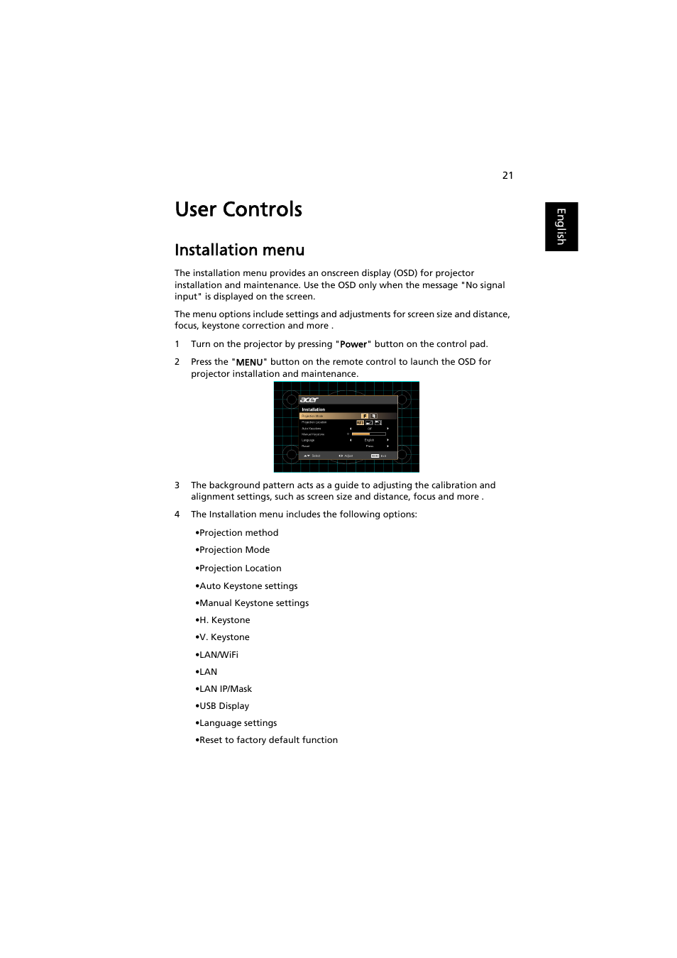 User controls, Installation menu | Acer X113H User Manual | Page 31 / 70