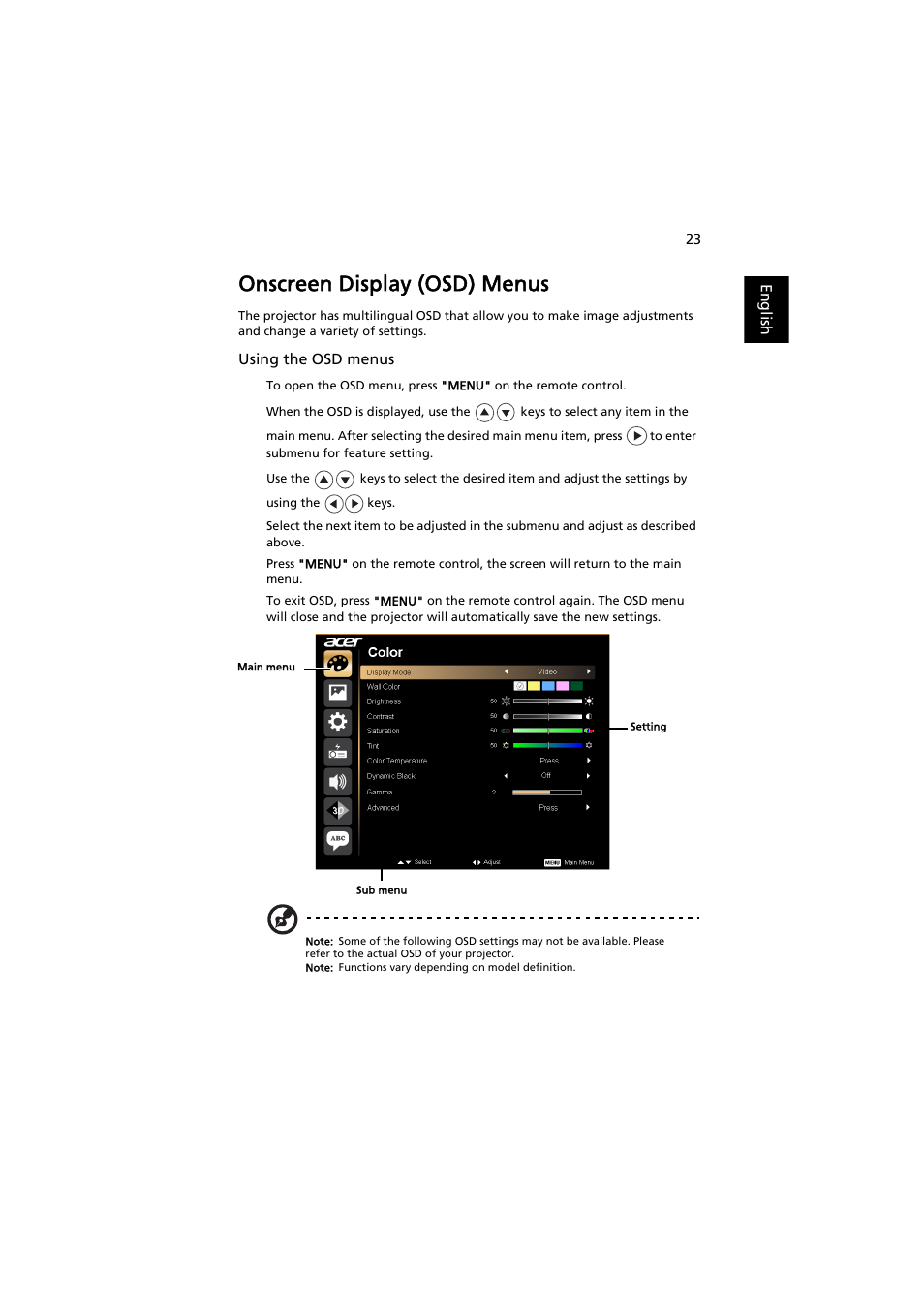 Onscreen display (osd) menus | Acer X113H User Manual | Page 33 / 70