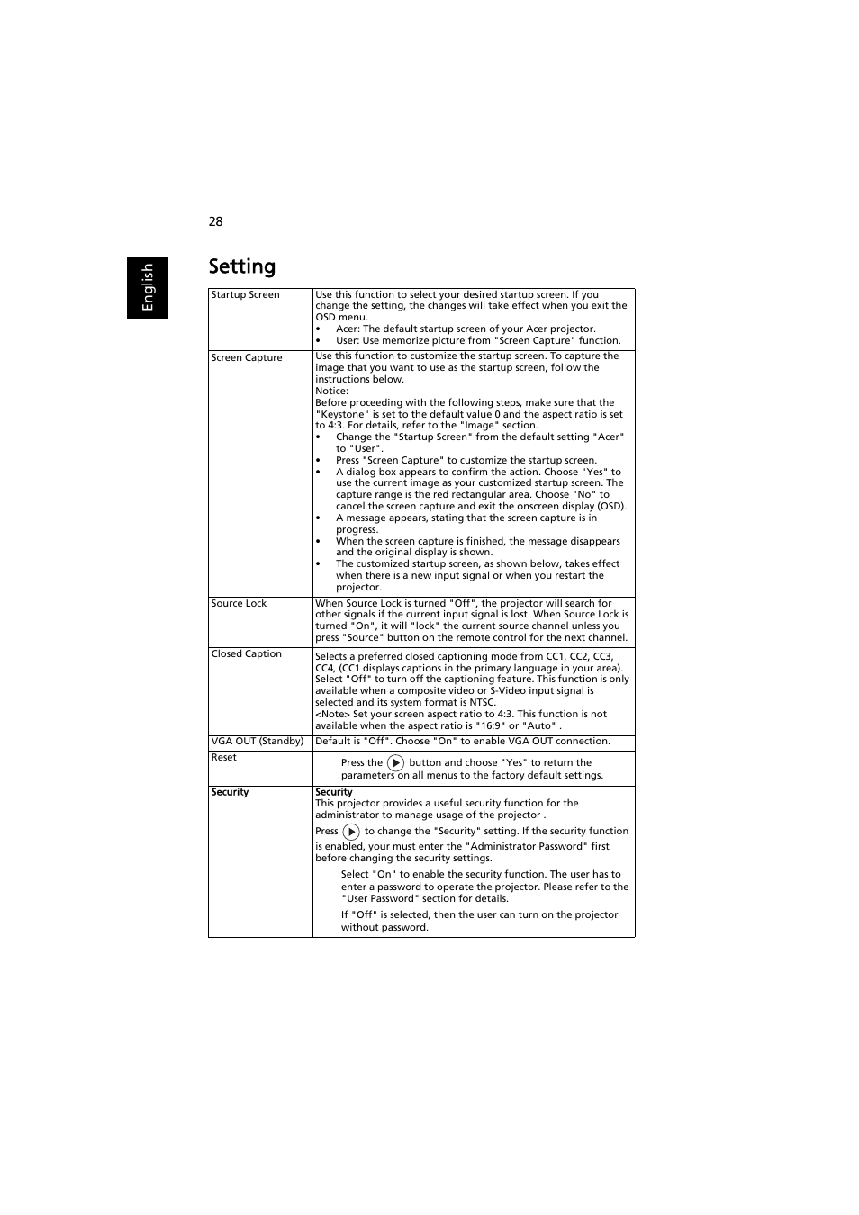 Setting, En gl ish | Acer X113H User Manual | Page 38 / 70