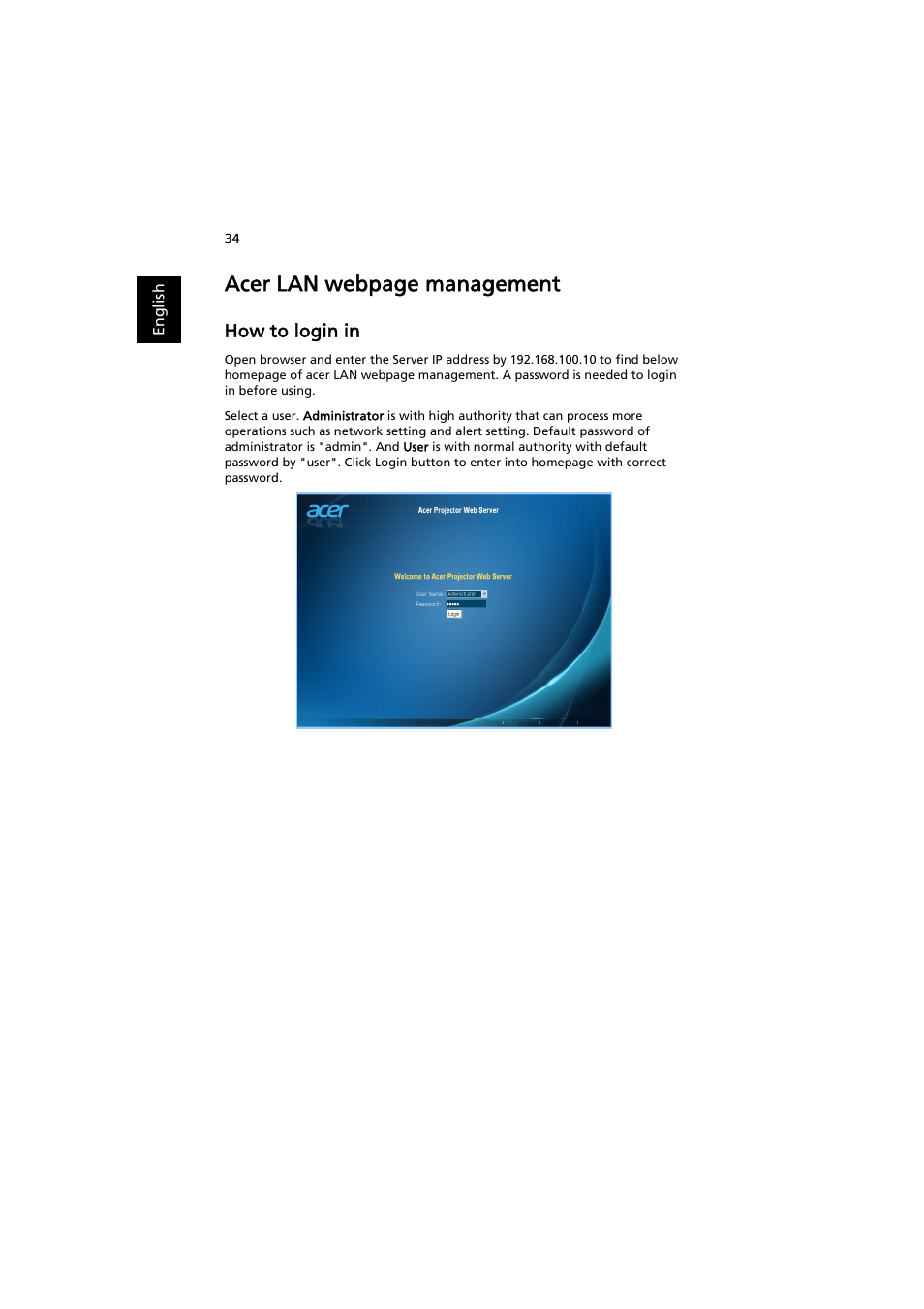 How to login in, Acer lan webpage management | Acer X113H User Manual | Page 44 / 70