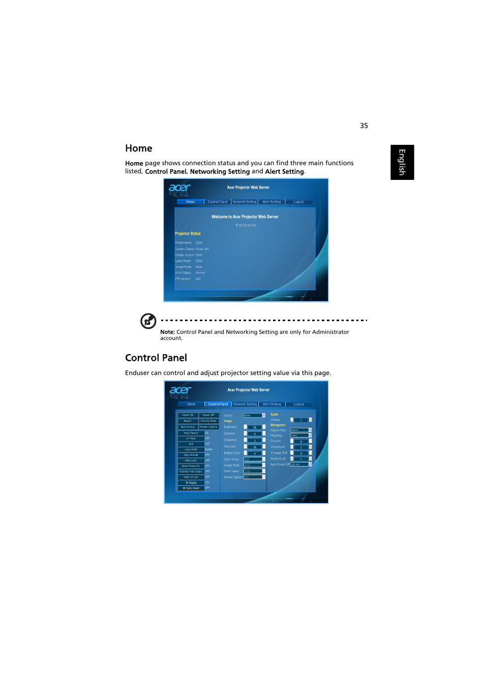 Home, Control panel | Acer X113H User Manual | Page 45 / 70