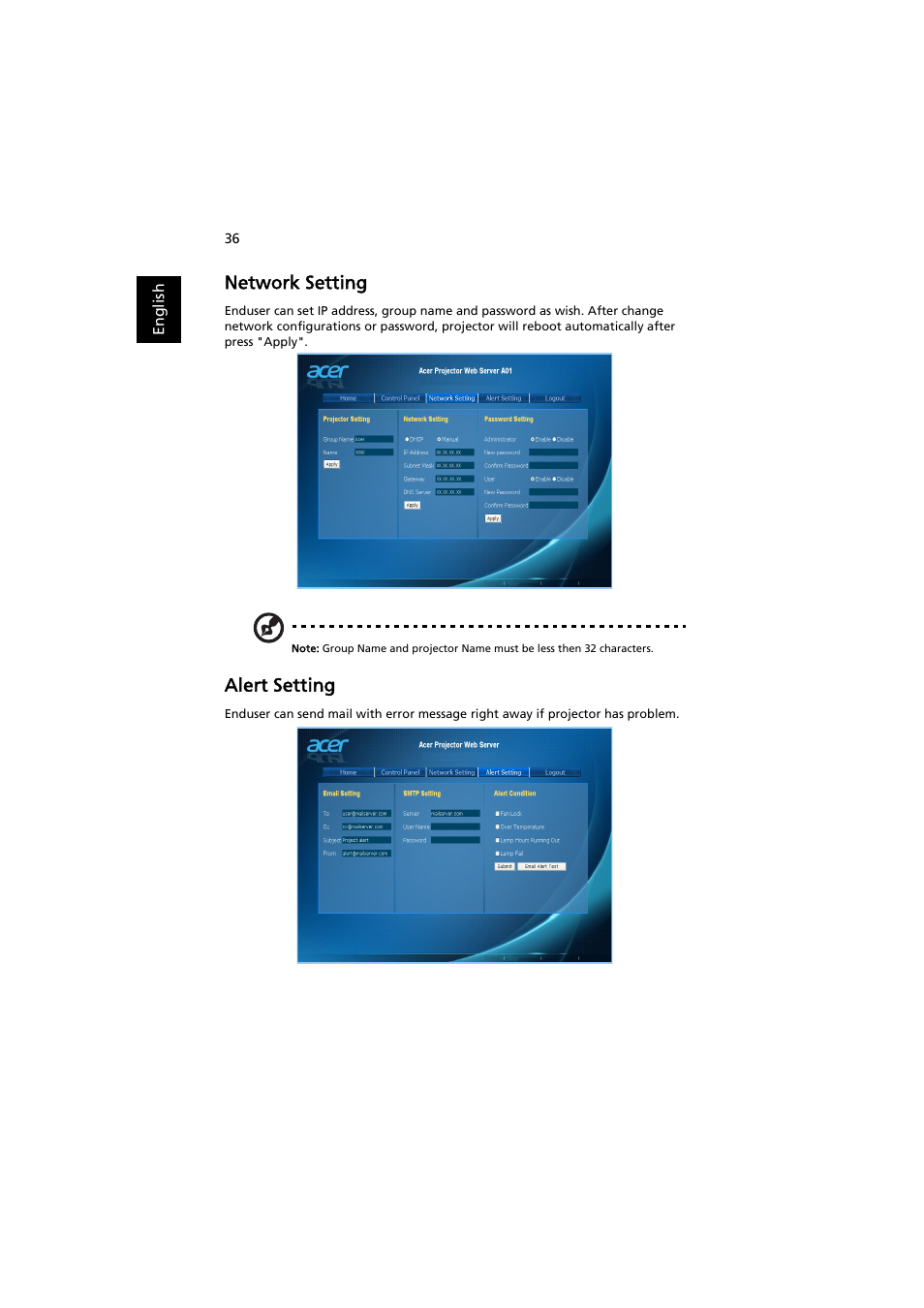 Network setting, Alert setting | Acer X113H User Manual | Page 46 / 70