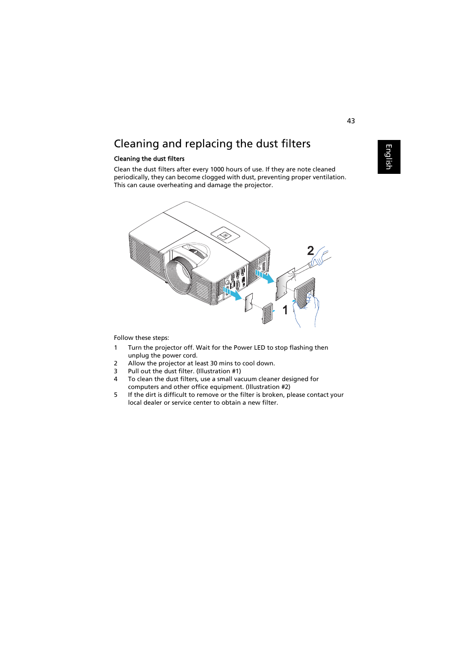 Cleaning and replacing the dust filters | Acer X113H User Manual | Page 53 / 70