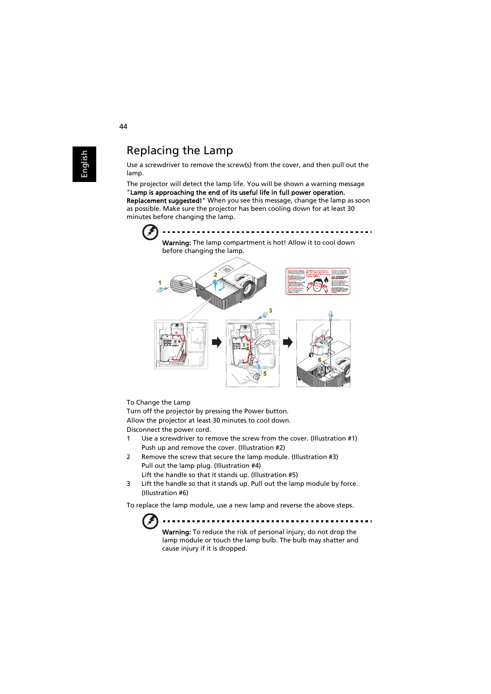 Replacing the lamp | Acer X113H User Manual | Page 54 / 70