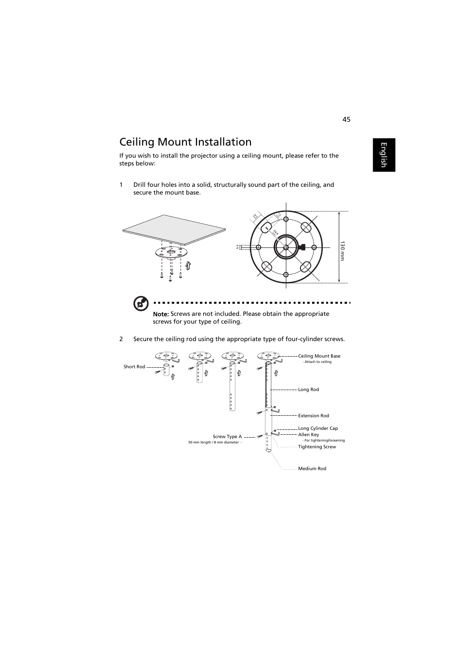 Ceiling mount installation, English | Acer X113H User Manual | Page 55 / 70