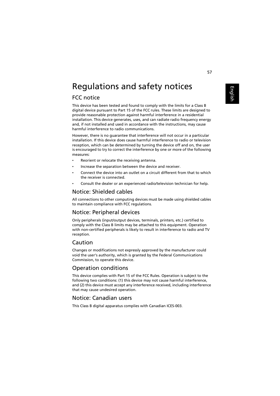 Regulations and safety notices, Fcc notice, Notice: shielded cables | Notice: peripheral devices, Caution, Operation conditions, Notice: canadian users | Acer X113H User Manual | Page 67 / 70