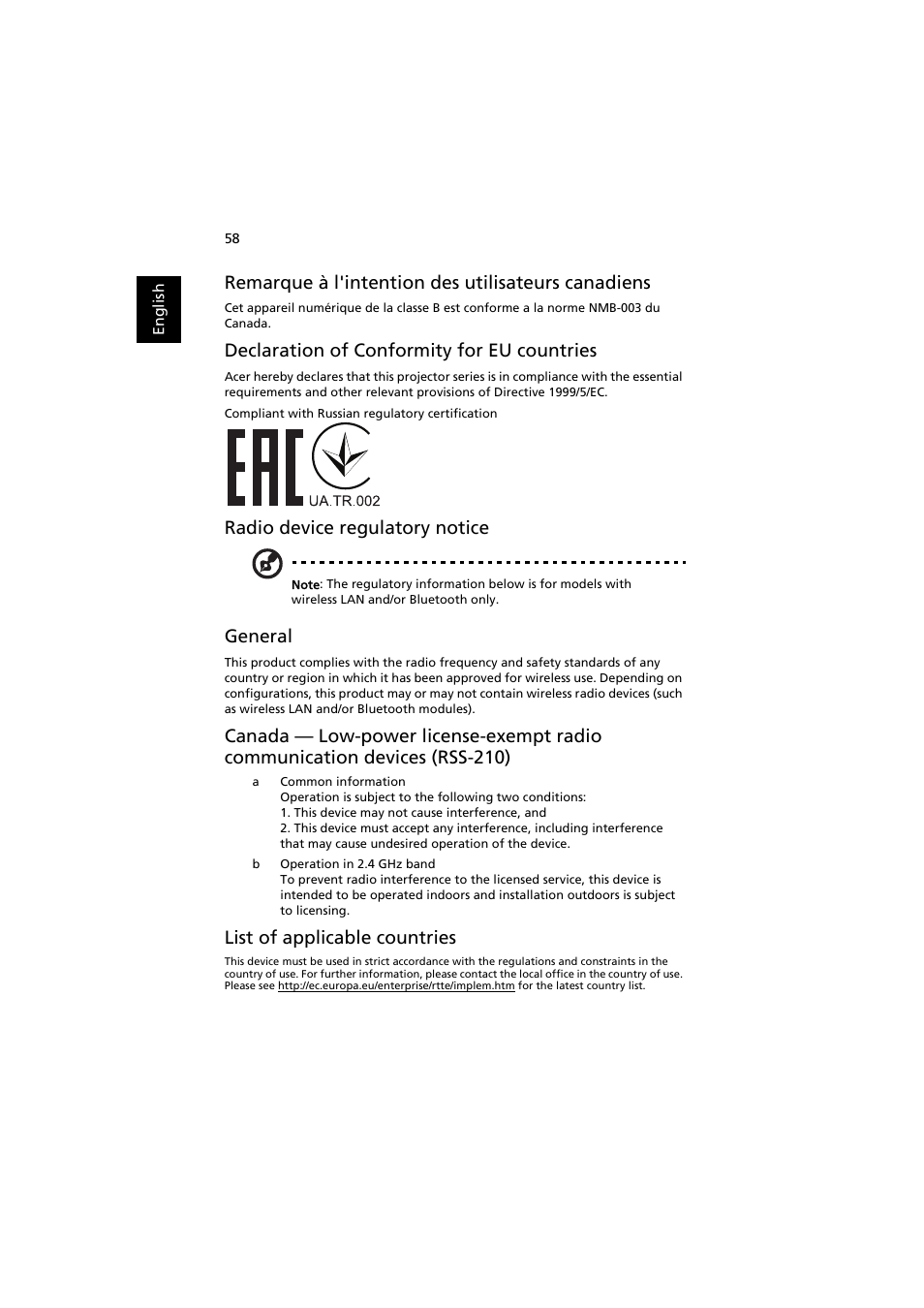 Remarque à l'intention des utilisateurs canadiens, Declaration of conformity for eu countries, Radio device regulatory notice | General, List of applicable countries | Acer X113H User Manual | Page 68 / 70