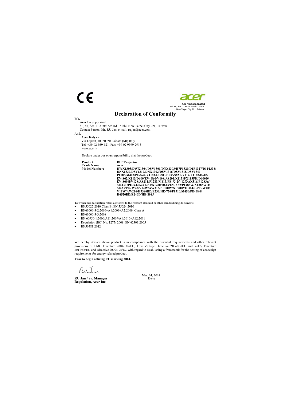 Declaration of conformity | Acer X113H User Manual | Page 69 / 70