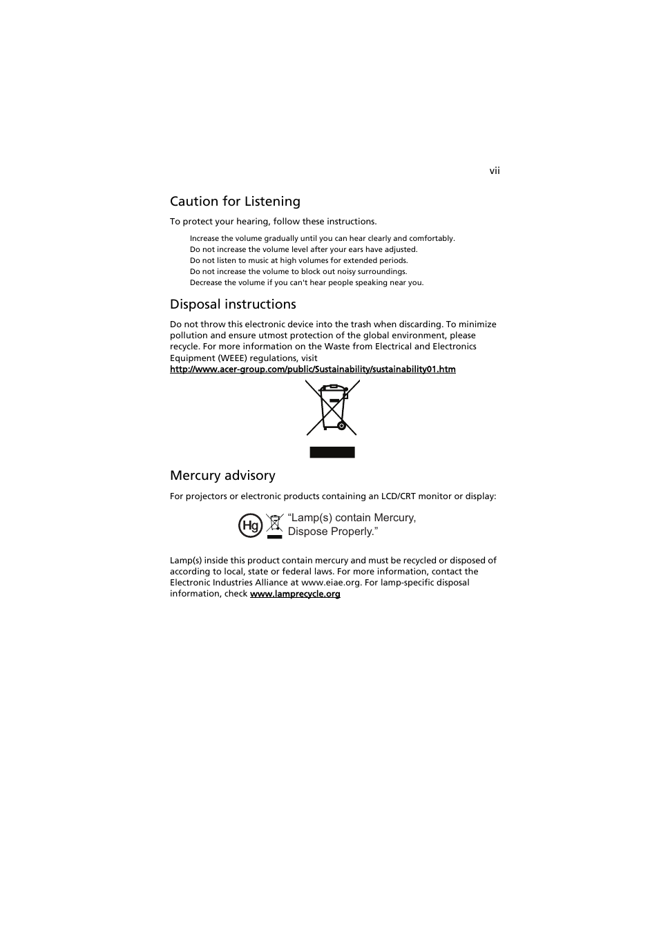 Caution for listening, Disposal instructions, Mercury advisory | Acer X113H User Manual | Page 7 / 70