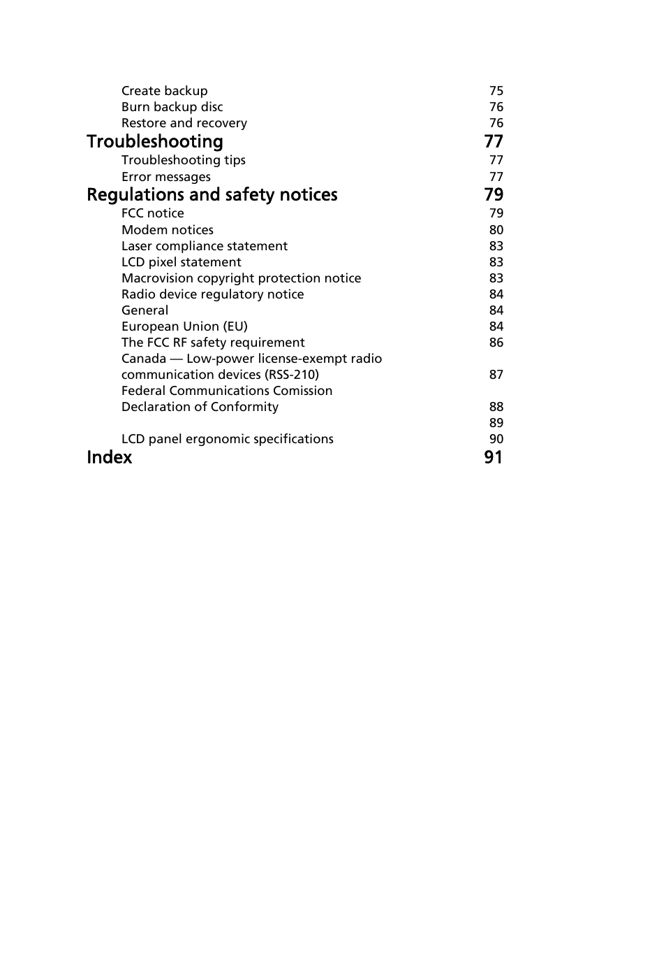 Troubleshooting 77, Regulations and safety notices 79, Index 91 | Acer TravelMate 3040 User Manual | Page 18 / 110